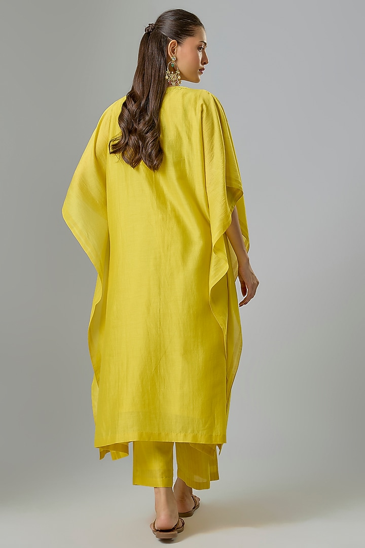 Yellow Silk Chanderi Blocked Printed & Resham Embroidered Kaftan Set by Devnaagri at Pernia's Pop Up Shop