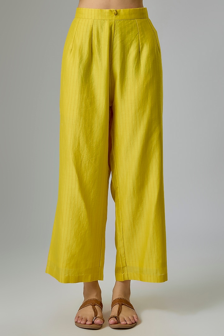 Yellow Silk Chanderi Blocked Printed & Resham Embroidered Kaftan Set by Devnaagri at Pernia's Pop Up Shop