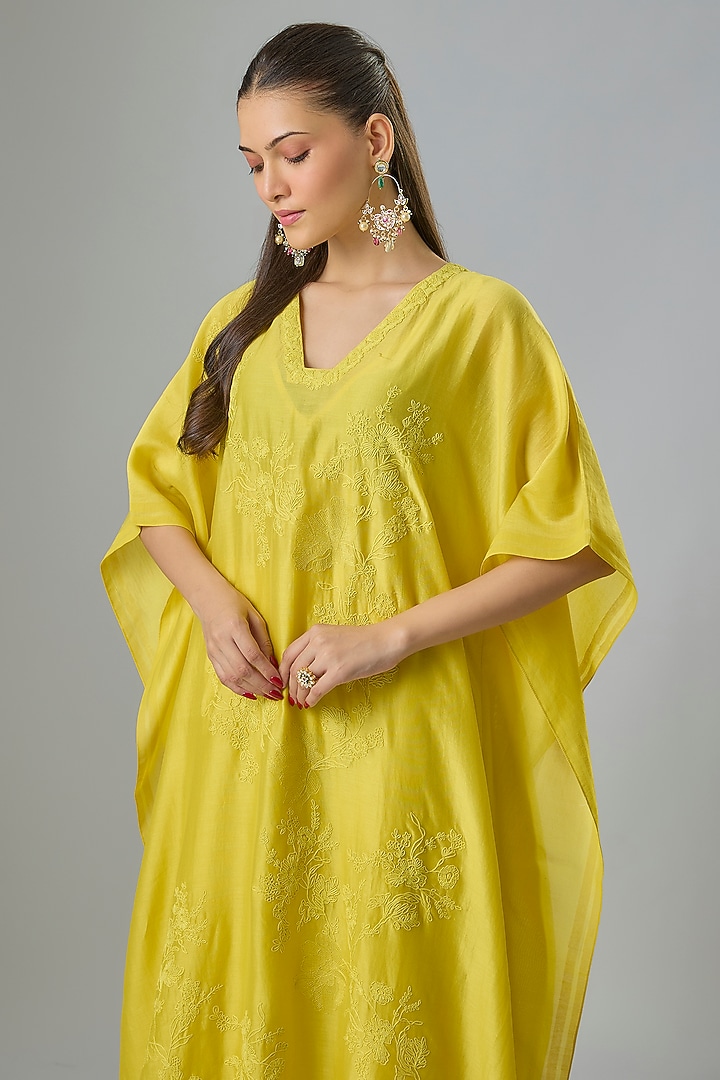 Yellow Silk Chanderi Blocked Printed & Resham Embroidered Kaftan Set by Devnaagri at Pernia's Pop Up Shop