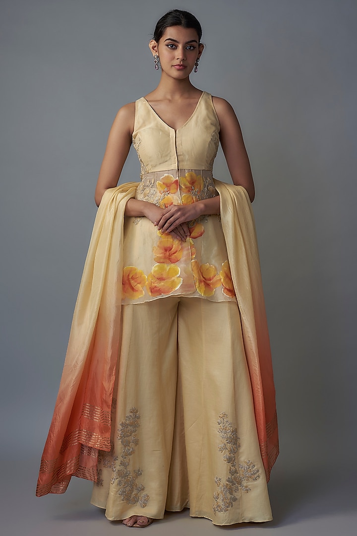 Yellow Silk Organza & Tabby Silk Sharara Set by Devnaagri at Pernia's Pop Up Shop