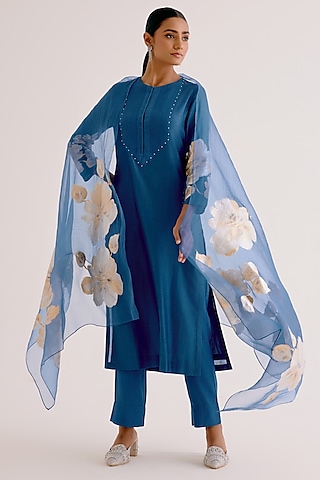 Blue Silk Chanderi Hand Painted Kurta Set by Devnaagri