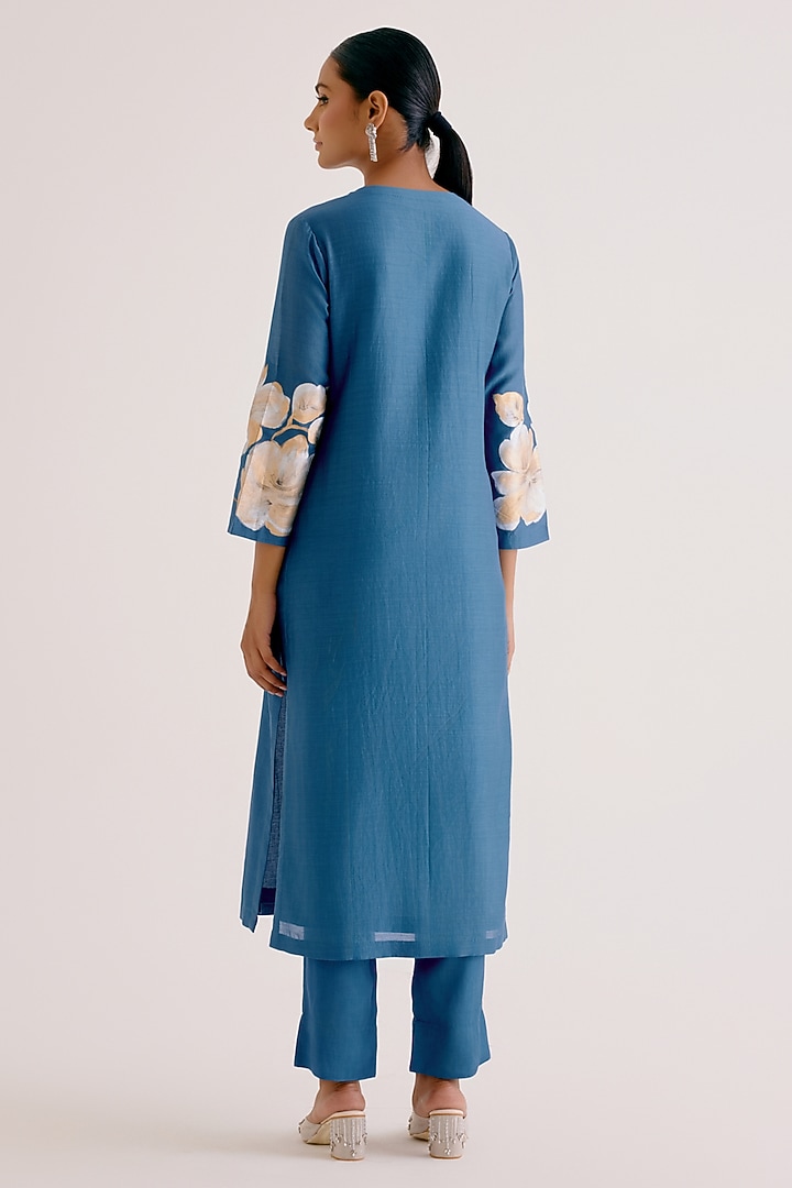 Blue Silk Chanderi Hand Painted Kurta Set by Devnaagri at Pernia's Pop Up Shop