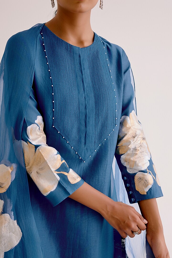 Blue Silk Chanderi Hand Painted Kurta Set by Devnaagri at Pernia's Pop Up Shop