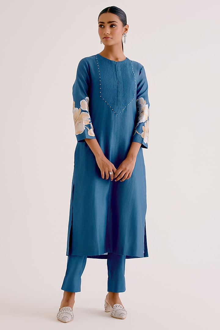 Blue Silk Chanderi Hand Painted Kurta Set by Devnaagri at Pernia's Pop Up Shop