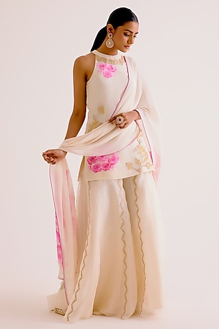 Ivory & Pink Silk Organza Hand Painted Kurta Set by Devnaagri