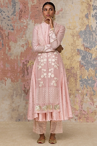 Pink Mukaish Anarkali Set by Devnaagri