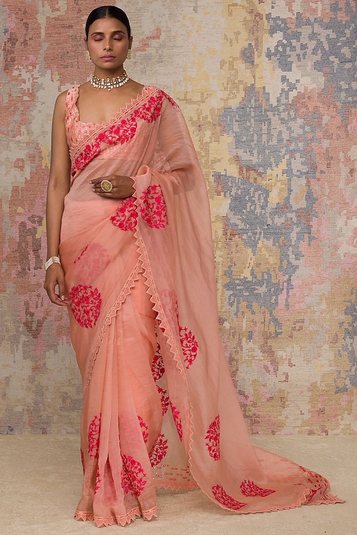 Blush Pink Embroidered Saree Set by Devnaagri