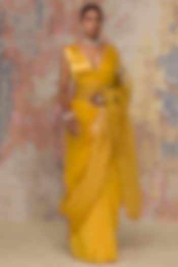 Mustard Hand Painted Half & Half Saree Set by Devnaagri