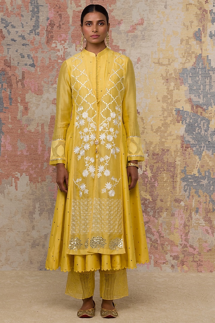 Lemon Yellow Embellished Anarkali Set by Devnaagri