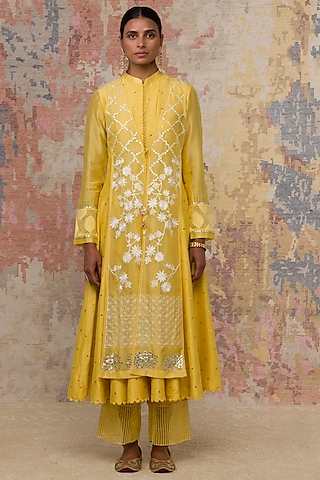Lemon Yellow Embellished Anarkali Set by Devnaagri