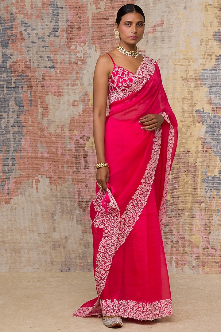 Fuchsia Embroidered Wedding Saree Set by Devnaagri at Pernia's Pop Up Shop