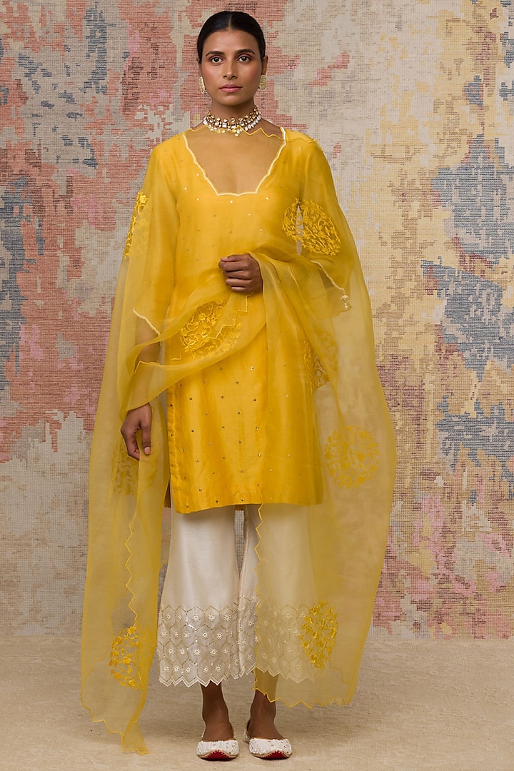 Mustard Block Printed Short Kurta Set by Devnaagri