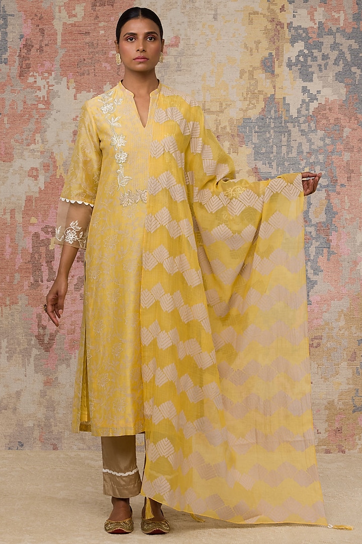 Yellow Hand Block Printed Kurta Set by Devnaagri