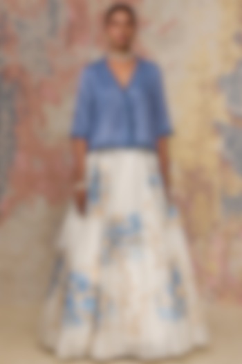 Ivory & Blue Hand Painted Skirt Set by Devnaagri