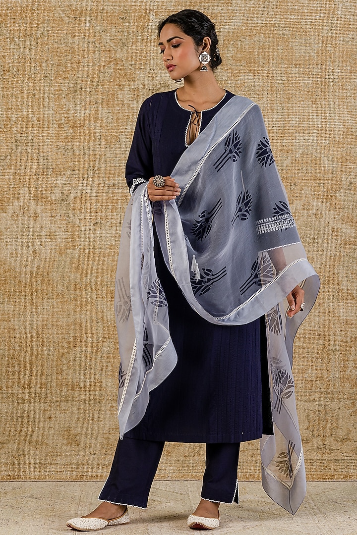 Navy Blue Cotton Silk Blend Kurta Set by Devnaagri