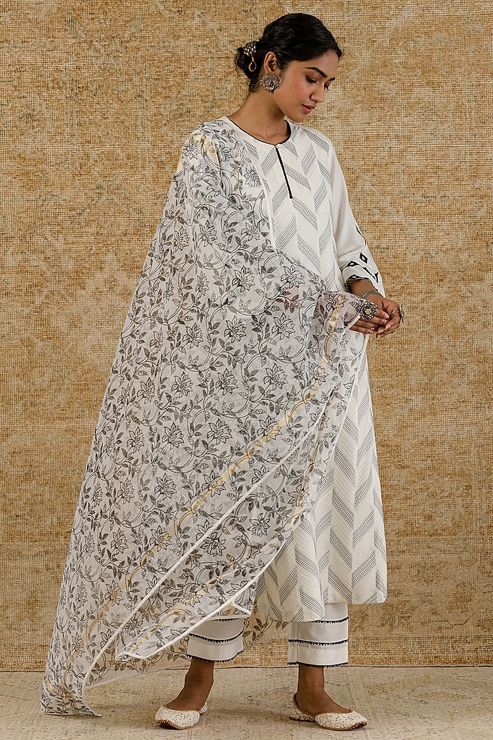 Ivory Kota & Cotton Silk Pintucked Kurta Set by Devnaagri