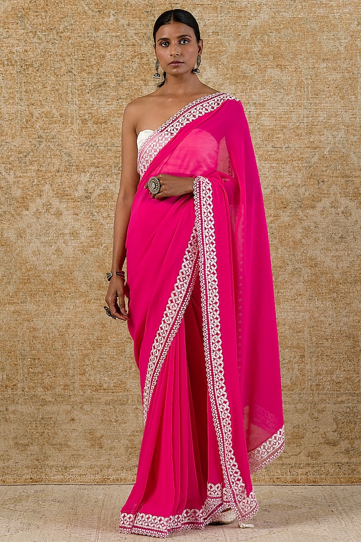 Fuchsia Resham & Sequins Embroidered Saree Set by Devnaagri