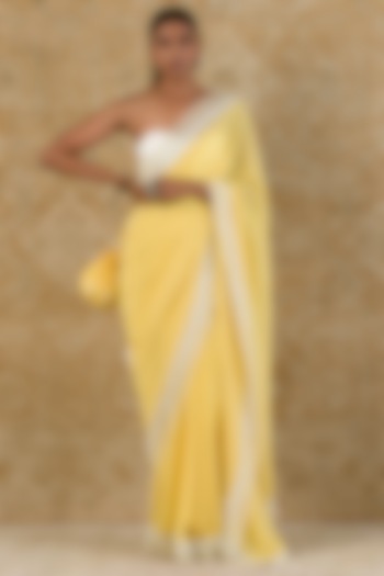 Lemon Yellow Resham & Sequins Embroidered Saree Set by Devnaagri