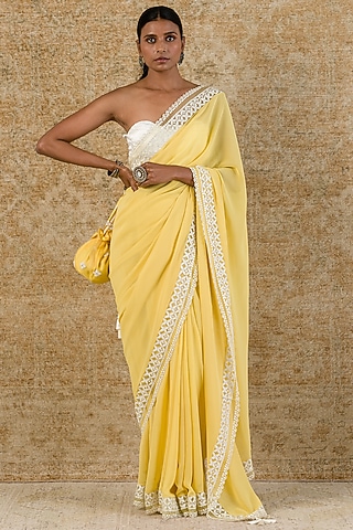 Lemon Yellow Resham & Sequins Embroidered Saree Set by Devnaagri