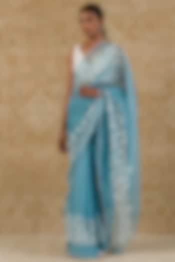 Ice Blue Printed & Embroidered Saree Set by Devnaagri