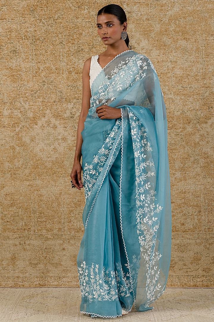 Ice Blue Printed & Embroidered Saree Set by Devnaagri