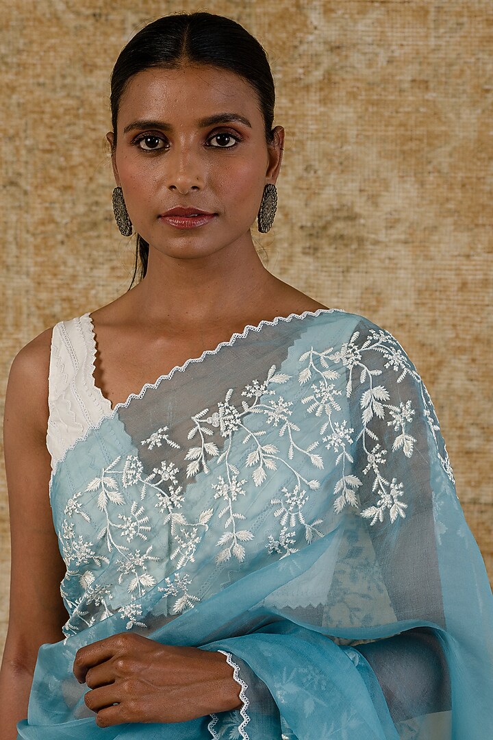 Ice Blue Silk Organza Hand Block Printed & Resham Embroidered Wedding Saree Set by Devnaagri at Pernia's Pop Up Shop