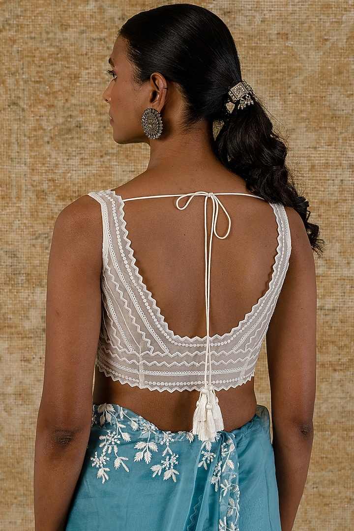 Ice Blue Silk Organza Hand Block Printed & Resham Embroidered Wedding Saree Set by Devnaagri at Pernia's Pop Up Shop