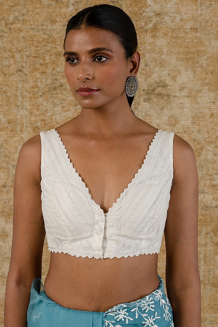 Ice Blue Silk Organza Hand Block Printed & Resham Embroidered Wedding Saree Set by Devnaagri at Pernia's Pop Up Shop