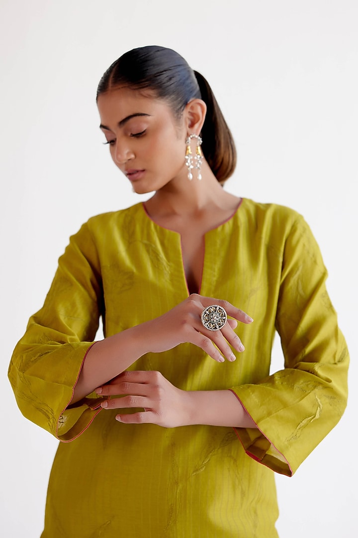 Green Silk Chanderi Cutwork Embroidered Kurta Set by Devnaagri at Pernia's Pop Up Shop