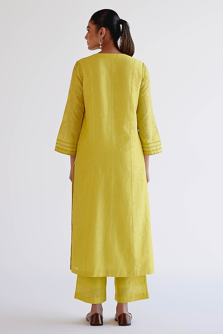 Lemon Yellow Silk Chanderi Dori Embroidered Kalidar Kurta Set by Devnaagri at Pernia's Pop Up Shop