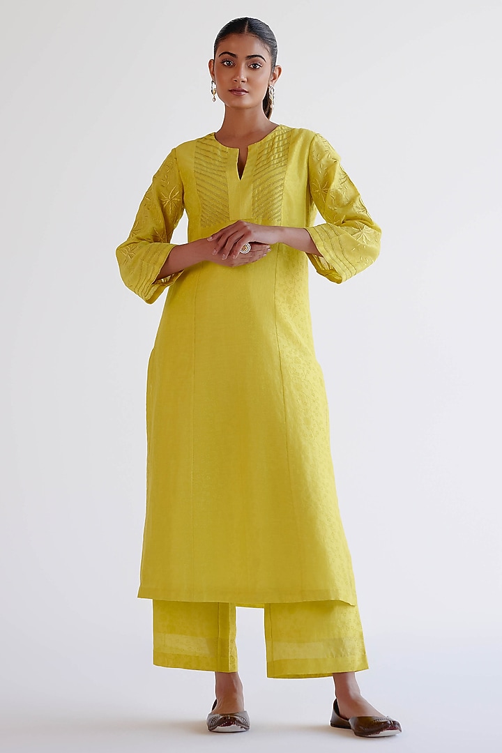 Lemon Yellow Silk Chanderi Dori Embroidered Kalidar Kurta Set by Devnaagri at Pernia's Pop Up Shop