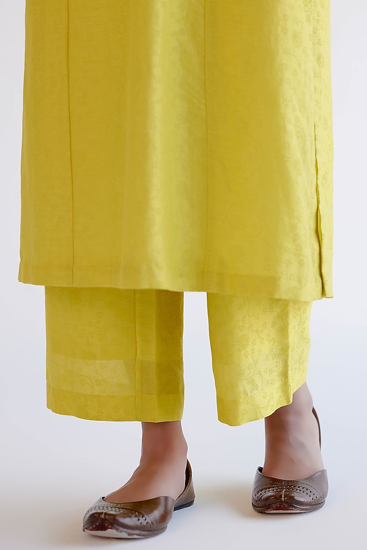 Lemon Yellow Silk Chanderi Dori Embroidered Kalidar Kurta Set by Devnaagri at Pernia's Pop Up Shop