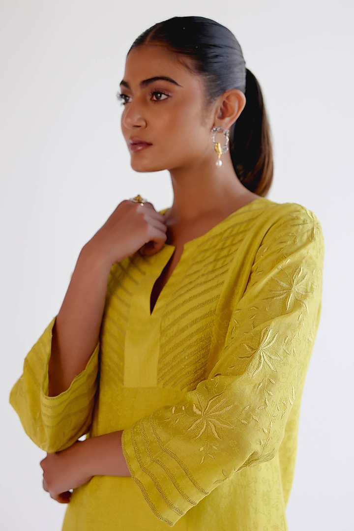 Lemon Yellow Silk Chanderi Dori Embroidered Kalidar Kurta Set by Devnaagri at Pernia's Pop Up Shop