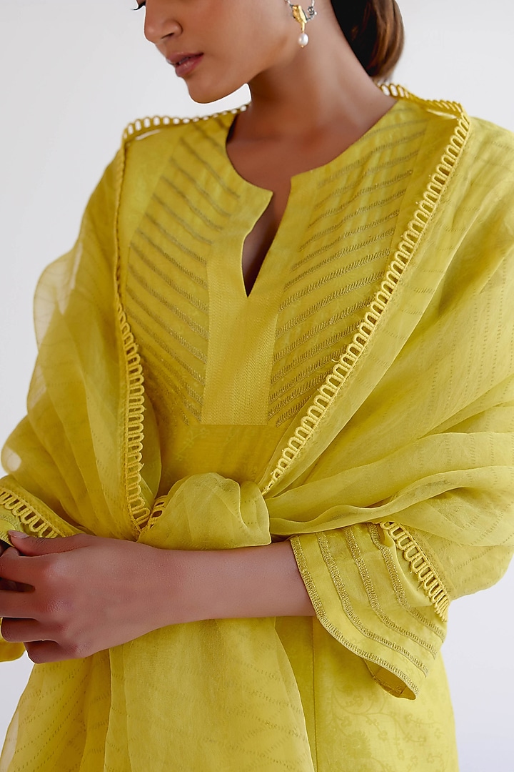 Lemon Yellow Silk Chanderi Dori Embroidered Kalidar Kurta Set by Devnaagri at Pernia's Pop Up Shop