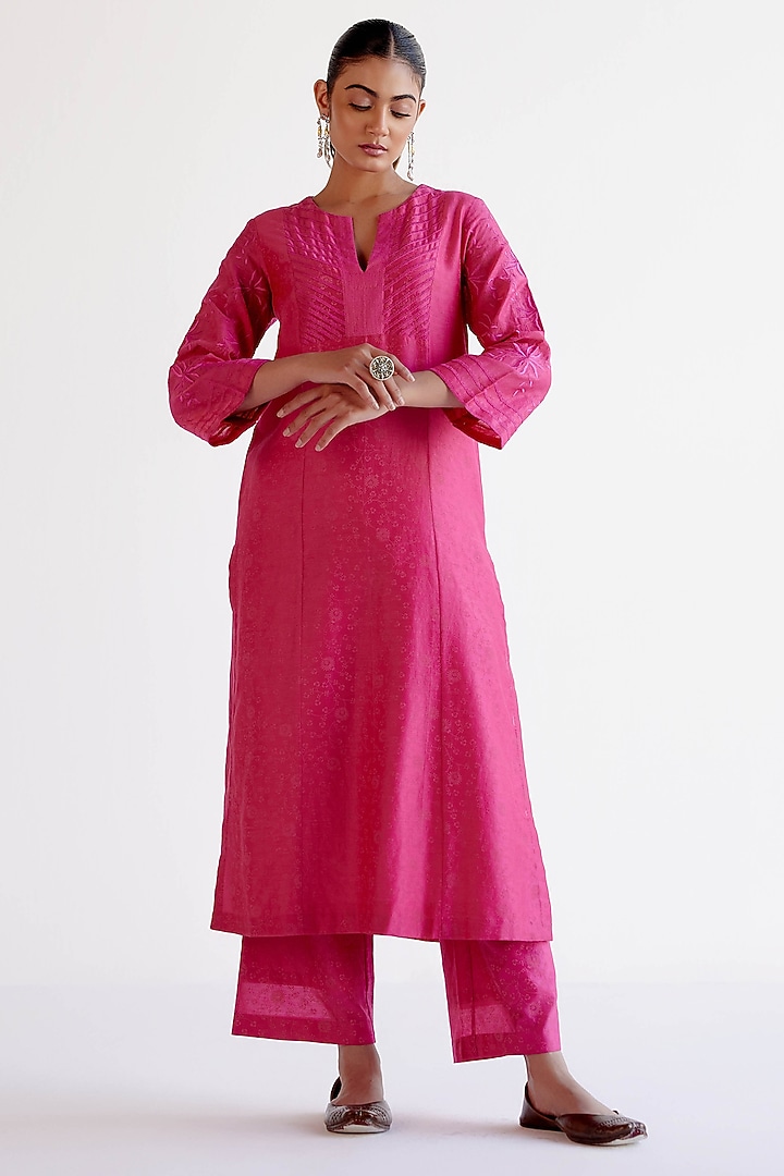 Fuchsia Pink Silk Chanderi Dori Embroidered Kalidar Kurta Set by Devnaagri at Pernia's Pop Up Shop