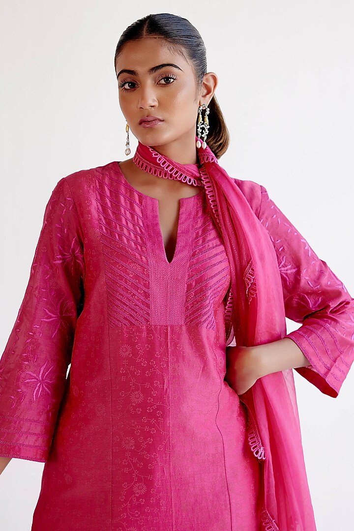Fuchsia Pink Silk Chanderi Dori Embroidered Kalidar Kurta Set by Devnaagri at Pernia's Pop Up Shop