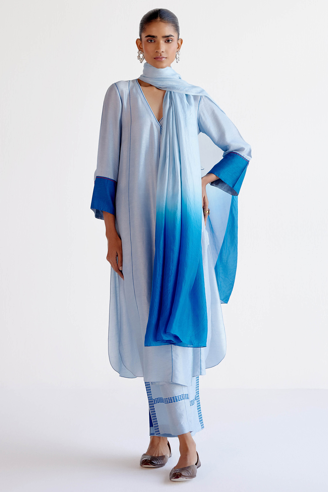 Light Blue Silk Chanderi Block Printed Angrakha Kurta Set by Devnaagri at Pernia's Pop Up Shop