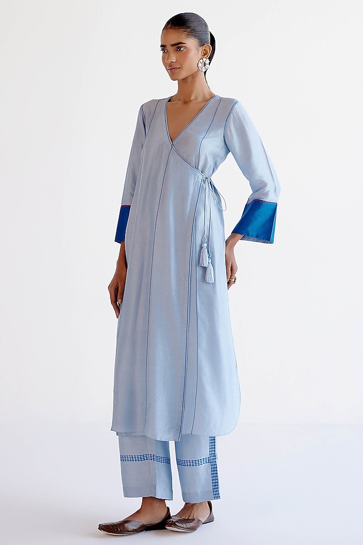 Light Blue Silk Chanderi Block Printed Angrakha Kurta Set by Devnaagri at Pernia's Pop Up Shop