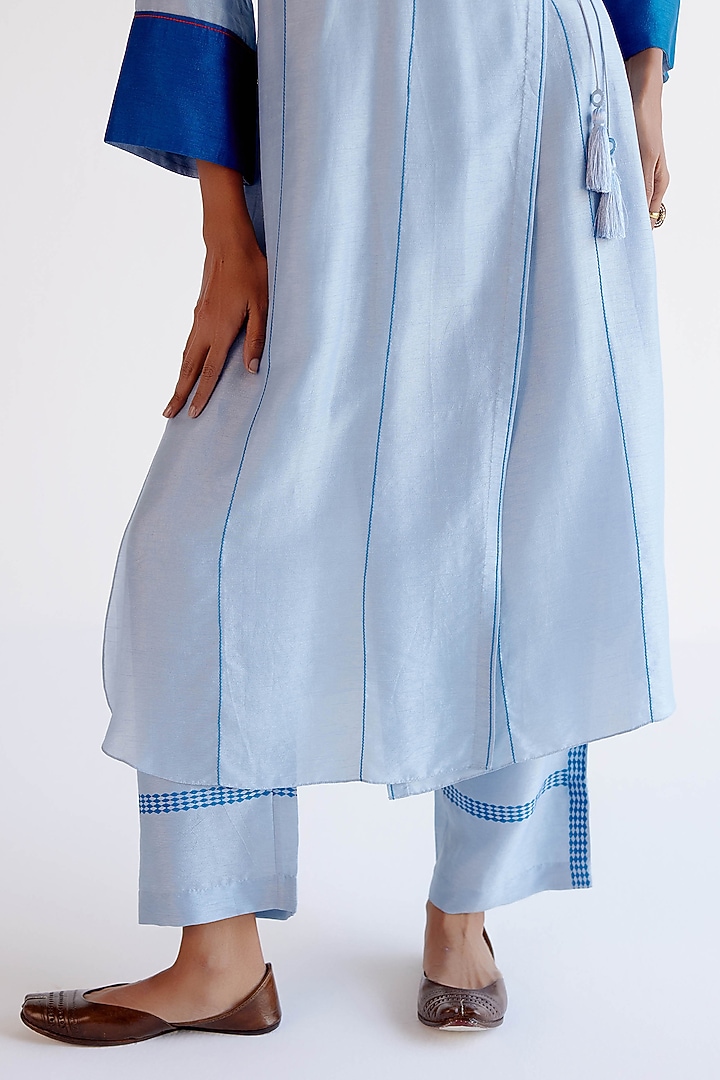 Light Blue Silk Chanderi Block Printed Angrakha Kurta Set by Devnaagri at Pernia's Pop Up Shop