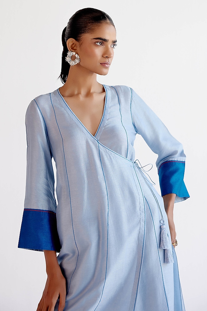 Light Blue Silk Chanderi Block Printed Angrakha Kurta Set by Devnaagri at Pernia's Pop Up Shop