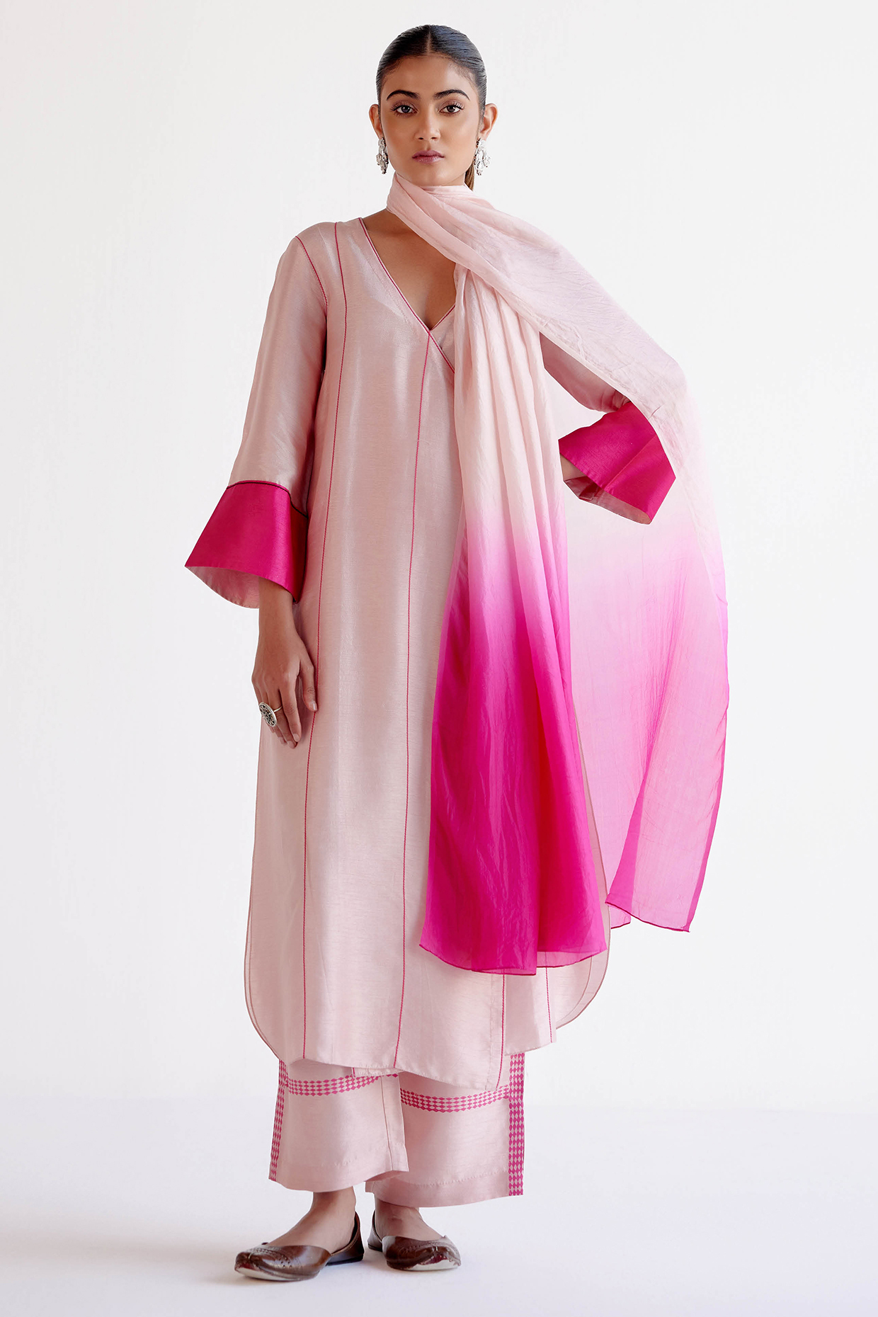 Blush Pink Silk Chanderi Block Printed Angrakha Kurta Set by Devnaagri at Pernia's Pop Up Shop