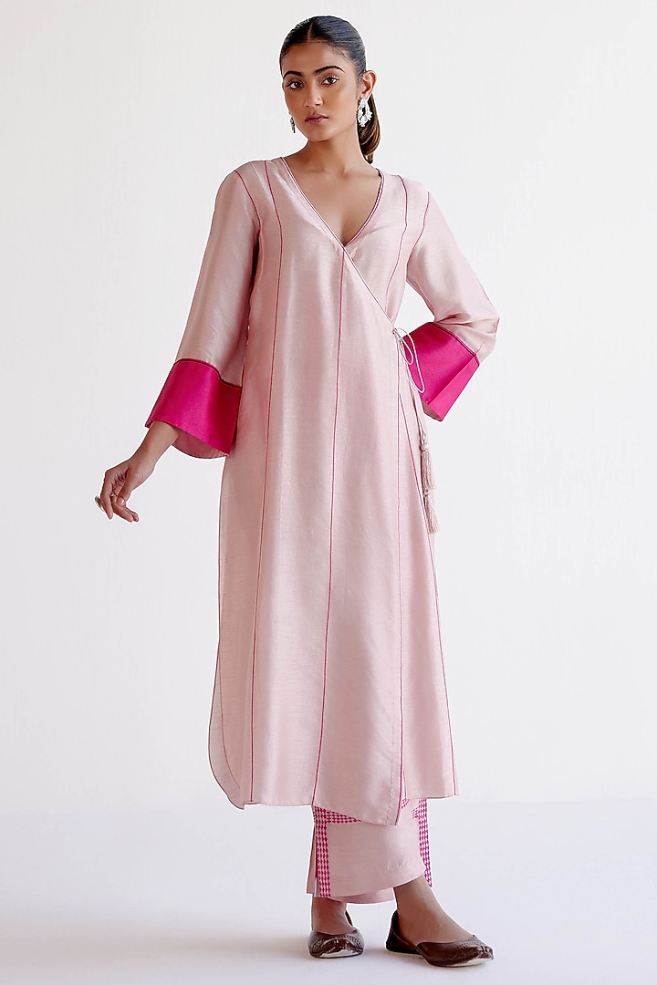 Blush Pink Silk Chanderi Block Printed Angrakha Kurta Set by Devnaagri at Pernia's Pop Up Shop