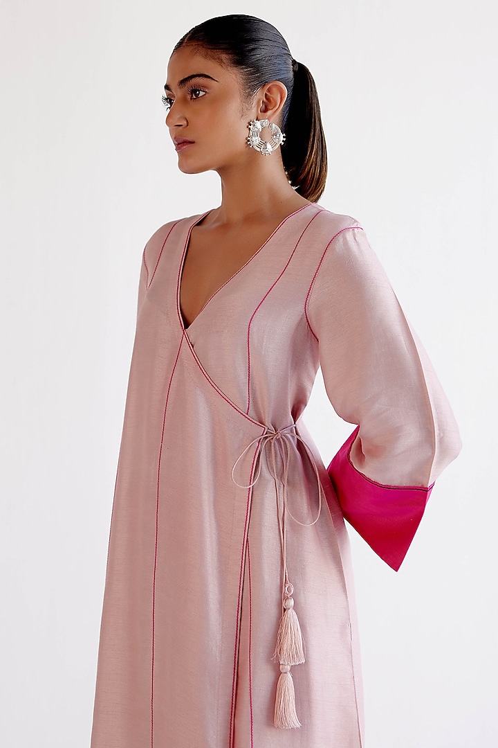 Blush Pink Silk Chanderi Block Printed Angrakha Kurta Set by Devnaagri at Pernia's Pop Up Shop