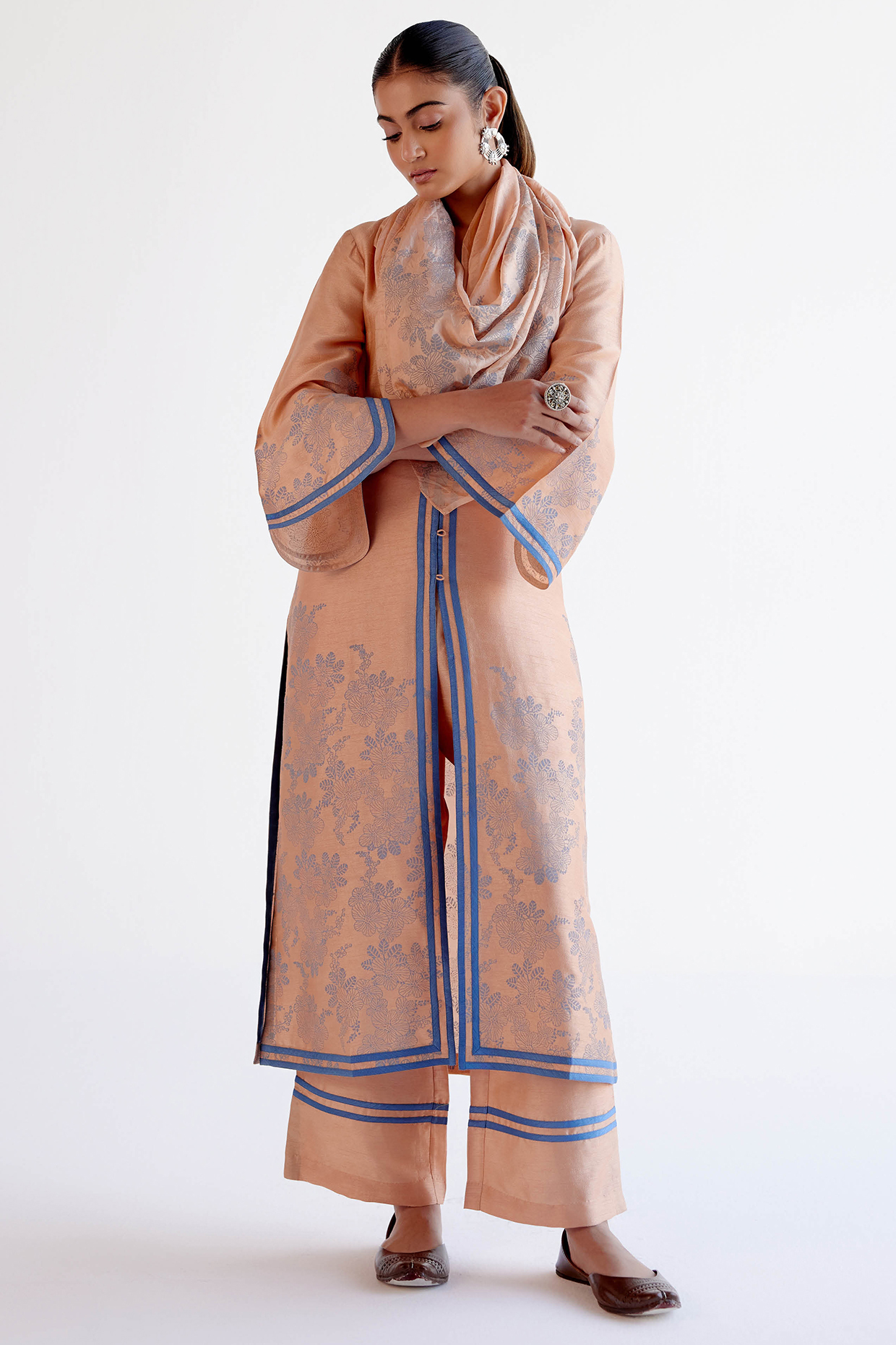 Caramel Brown Silk Chanderi Block Printed Kurta Set by Devnaagri at Pernia's Pop Up Shop