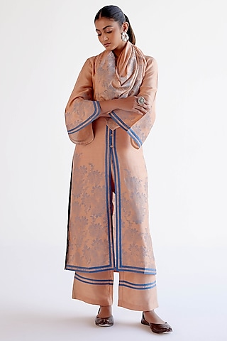 Caramel Brown Silk Chanderi Block Printed Kurta Set by Devnaagri