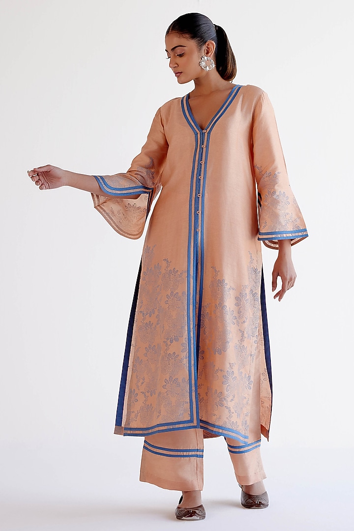 Caramel Brown Silk Chanderi Block Printed Kurta Set by Devnaagri at Pernia's Pop Up Shop