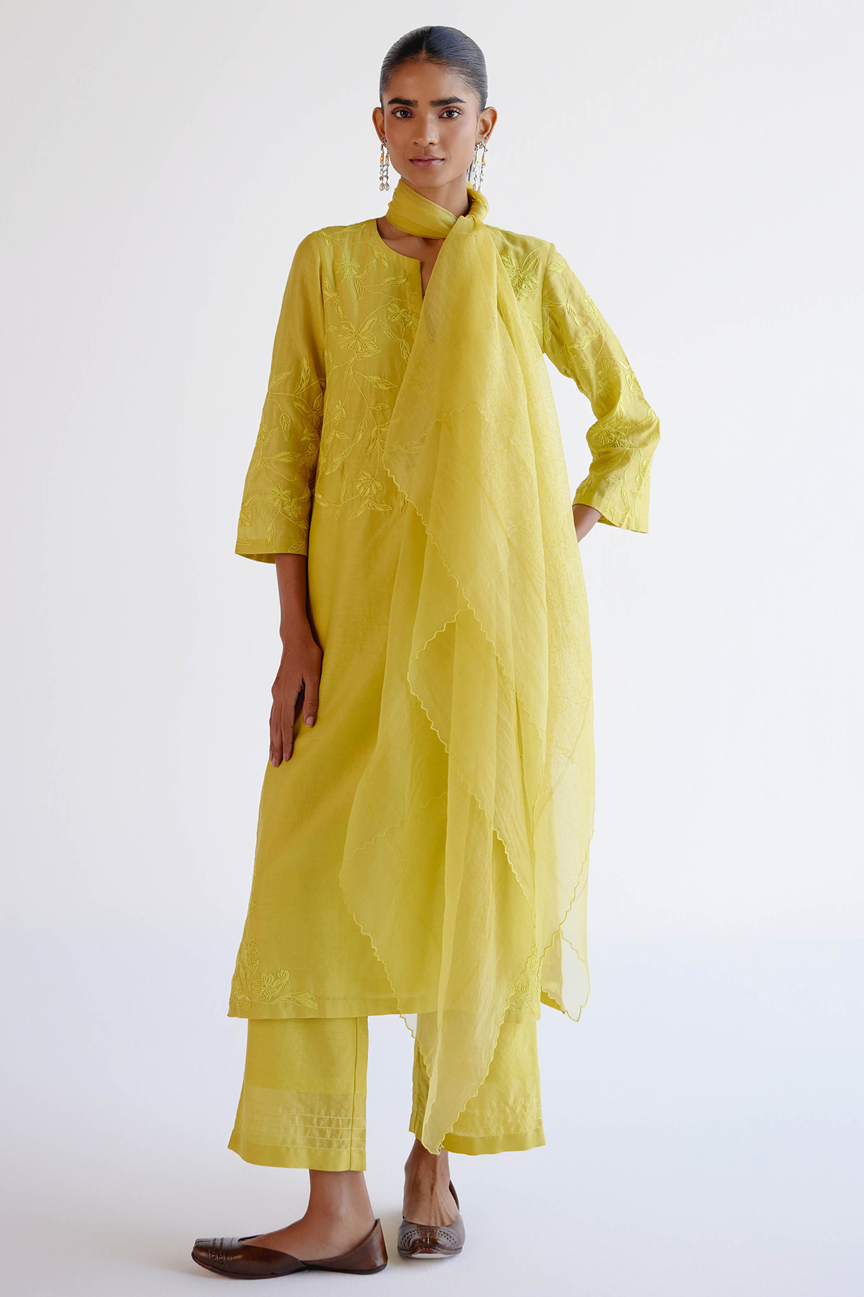 Lemon Yellow Silk Chanderi Block Printed Kurta Set by Devnaagri at Pernia's Pop Up Shop