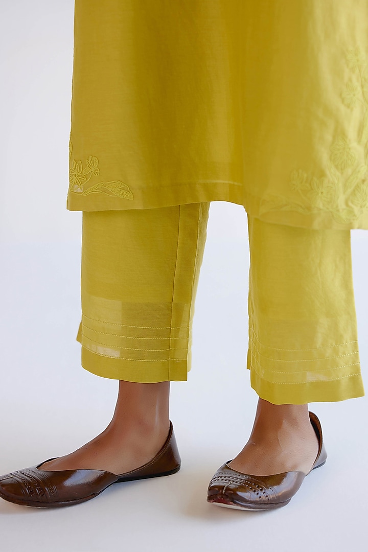 Lemon Yellow Silk Chanderi Block Printed Kurta Set by Devnaagri at Pernia's Pop Up Shop