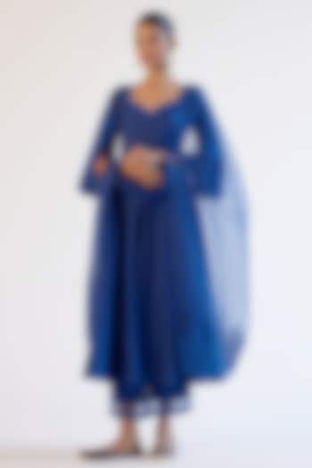 Blue Cotton Silk Blend Resham Embroidered Wedding Anarkali Set by Devnaagri at Pernia's Pop Up Shop