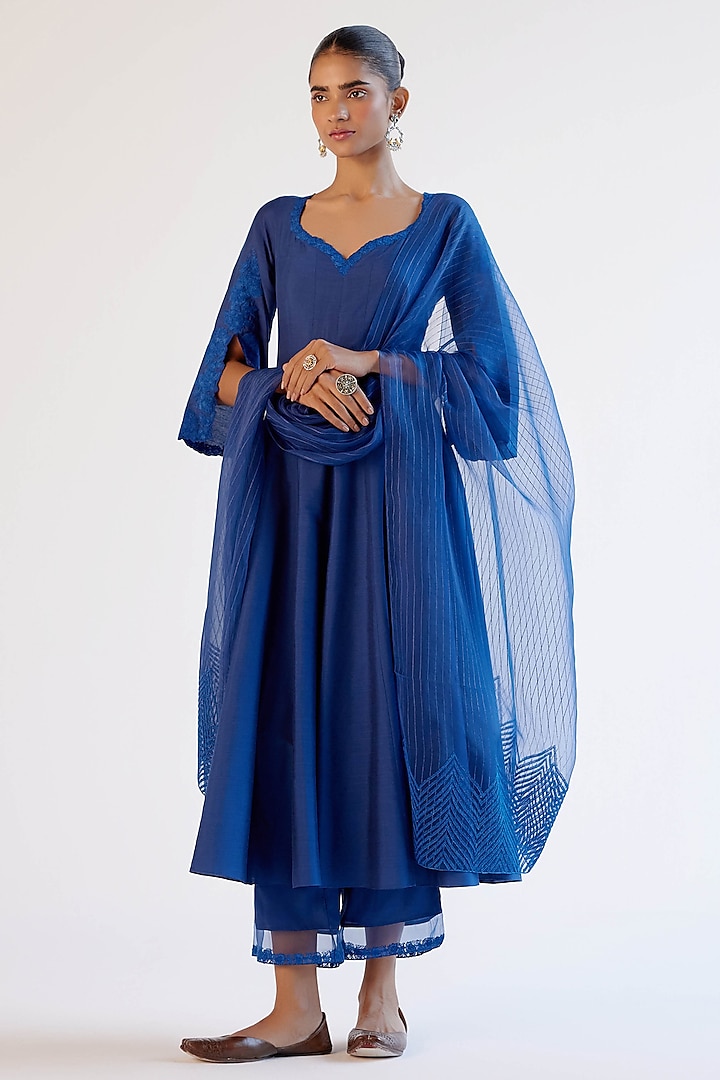 Blue Cotton Silk Blend Resham Embroidered Wedding Anarkali Set by Devnaagri at Pernia's Pop Up Shop